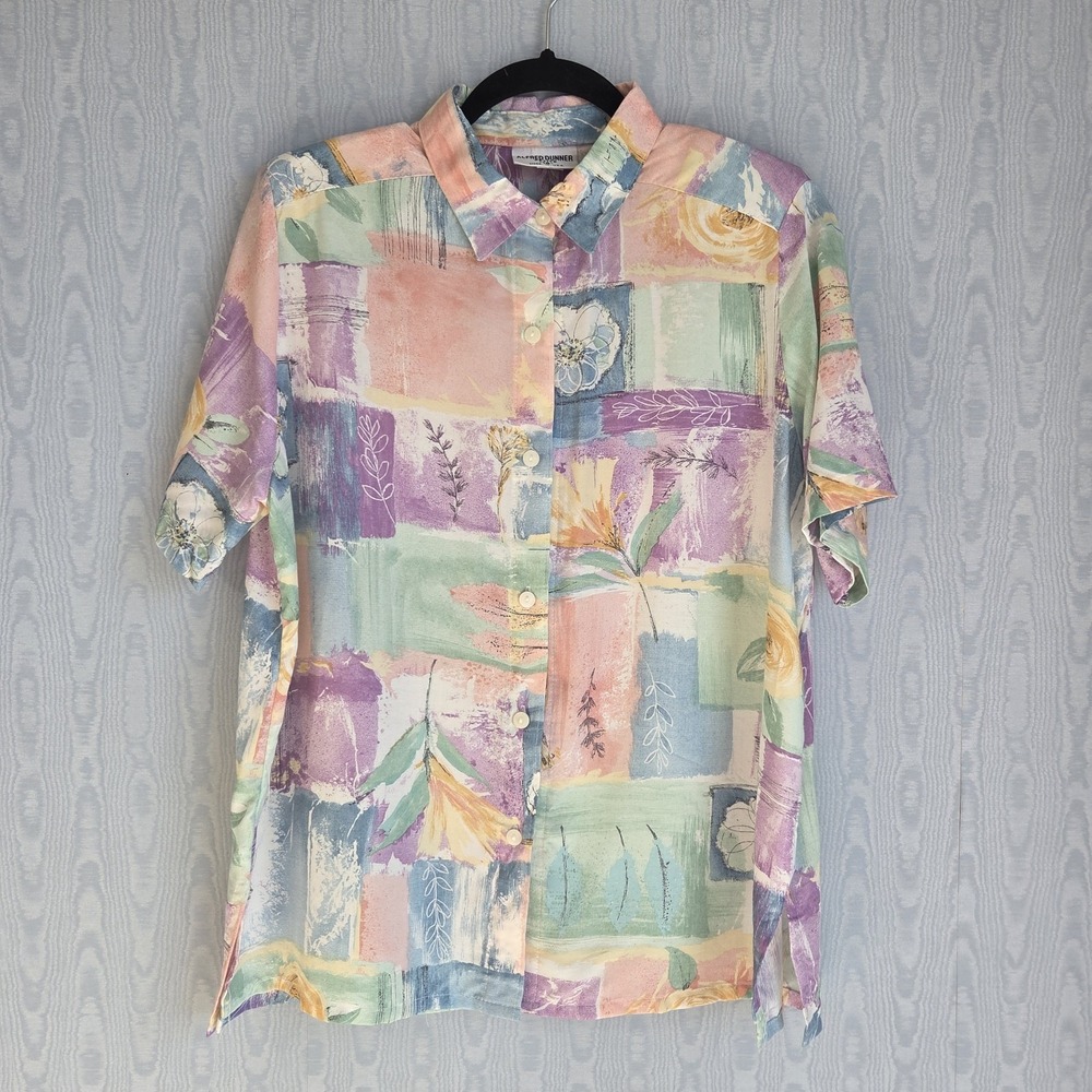 Vtg 90s Alfred Dunner Womens 16P Button Down Shirt Floral Patchwork Pastel Retro